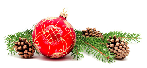 Christmas decoration ball with fir cones and fir branches