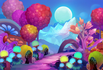 Illustration: The Colorful Forest on the other side of the Snow Mountain with Cold Moon Creeping up the Sky. Realistic / Cartoon Style. Scene / Wallpaper Design.