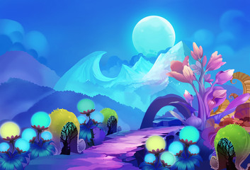 Illustration: The Colorful Forest on the other side of the Snow Mountain with Cold Moon Creeping up the Sky. Version 2 with some plants removed. Realistic / Cartoon Style. Scene / Wallpaper Design. © info@nextmars.com