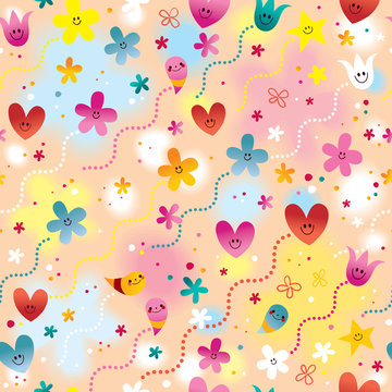 hearts, flowers and stars seamless pattern