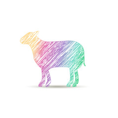 logo sheep painted with the colors of the rainbow.