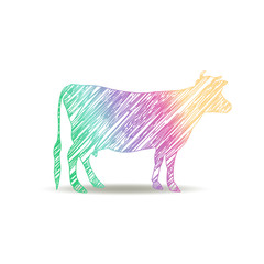 logo cow painted with the colors of the rainbow.
