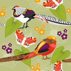 Seamless floral texture with birds