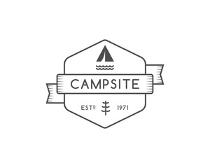 Vintage forest camping badge, outdoor logo, emblem and label concept for web, print. Retro stylish monochrome design. Tent, river, tree and text. Easy to change color. Vector