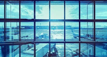 Papier Peint photo Aéroport Futuristic blue picture of an airport, transportation and business concept.