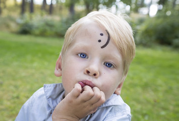 Concept of positive thoughts and emotions. On the forehead shows