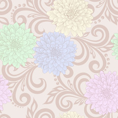 seamless pattern with dahlia flowers and abstract floral swirls