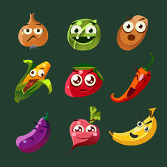 Funny Vegetable and Spice Cartoon, Vector Illustration Set in Flat Style