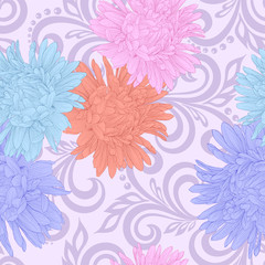 seamless pattern with aster flowers and abstract floral swirls