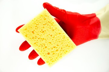 Cleaning rubber gloves with sponge