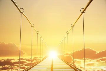 Runde Wanddeko Brücken Holzbrücke in den Wolken zum Sonnenuntergang, Konzept