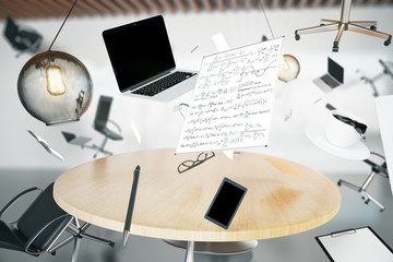 Chaos in the office with flying objects and furnishings