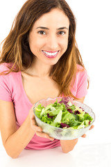 Weight loss woman showing a bowl of salad