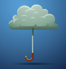 Vector cloud umbrella. Image of umbrella as gray cloud with a handle on a blue background.