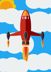 Vector illustration flat design of red spaceship rocket lunch on a background of the sky and cloud and sun.