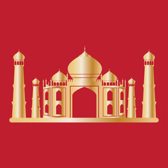 Taj mahal temple gold on red background. Vector illustration.