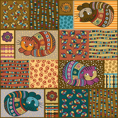 Patchwork. Seamless vector pattern with stylized cats.
