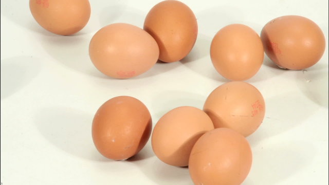 A stop animation of animated eggs rolling and assembling onto screen on an isolated white background