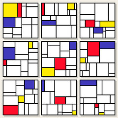 Set Of Nine Vector Square Compositions in Piet Mondrian De Stijl Style