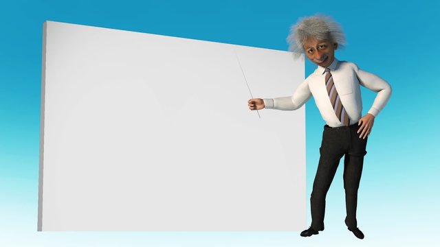 gray-haired scientist like Einstein shows up on the screen 3D render