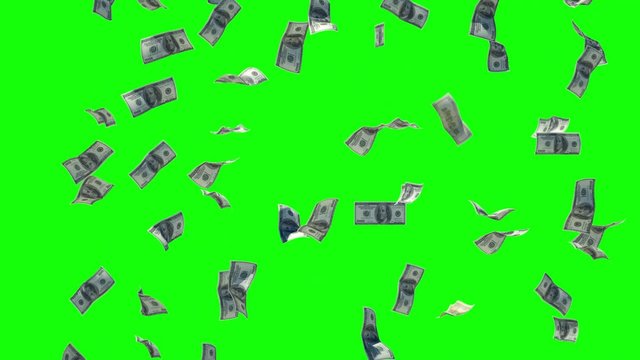 
falling paper money banknotes on green background, animation 3D render
