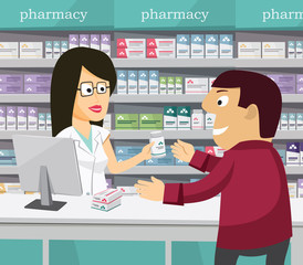 Pharmacist chemist woman in pharmacy. Man buys drugs at the pharmacy. Sale of vitamins and medications. Funny vector simple illustration.