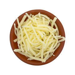 Portion of natural white mild cheddar cheese in bowl