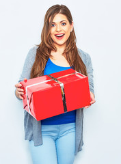 Surprising Woman hold big  gift box.