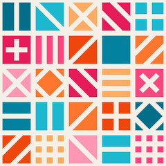 Vector Seamless Geometric Square Irregular Quilt Tiling Pattern in Pink Blue and Orange