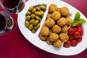 Healthy Italian Appetizer Tray with Risotto balls Arancini , Gre