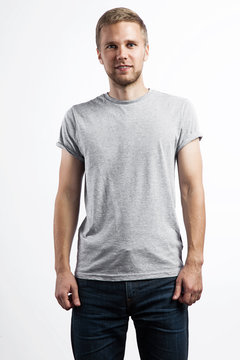 Man in a simple gray T-shirt