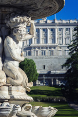 Fototapeta na wymiar classical fountain's detail in royal palace garden in madrid