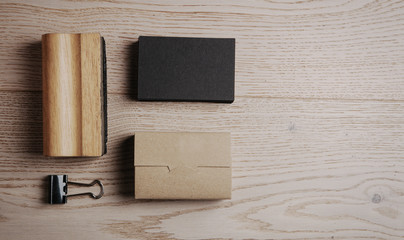 Top view of classic office elements on the wooden background. Horizontal