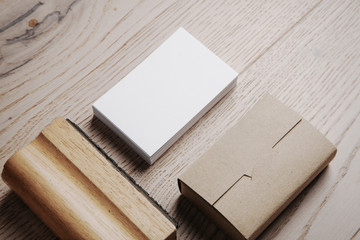 Set of office elements on the wooden table. Wooden background