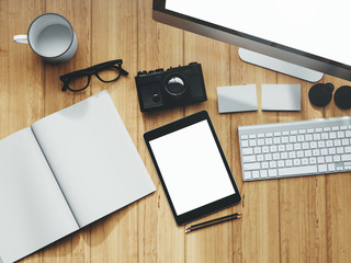 Photo of modern workspace with desktop screen, tablet, camera, keyboard, book.   3D rendering