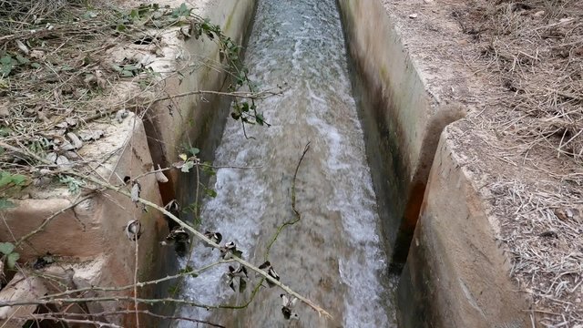 Water Flowing in a Concrete Irrigation Ditch
