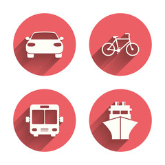 Transport icons. Car, Bicycle, Bus and Ship.