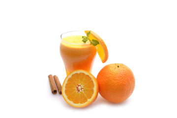 Citrus juice and fruits on white background