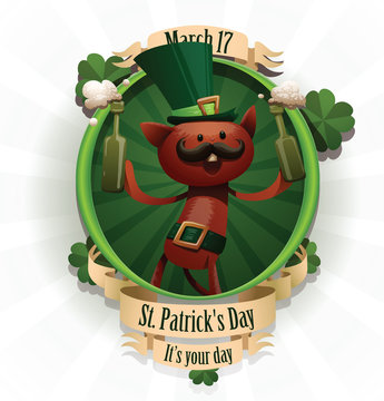 Vector label with the cartoon image of red cat looking like St.Patrick, in green belt and a hat with two bottles of beer in his paws on a green round background. In the theme of St. Patrick's Day.