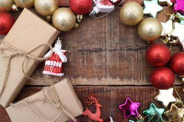 Christmas and happy new year festival concept of  decor gift  on the wooden background vintage style