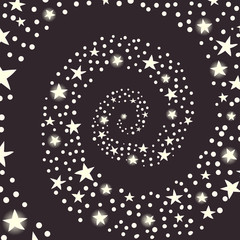 Sparkle background. Spiral decorative pattern with stars and dots. Hand drawn vector illustration.