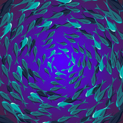 Vector shoal of fish illustration, abstract underwater seascape design