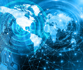 World map on a technological background, glowing lines symbols