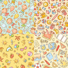 Set of seamless colorful patterns with kids, sweets, summer, school things