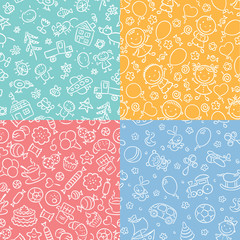 Set of simple monochrome seamless patterns with kids, sweets, toys