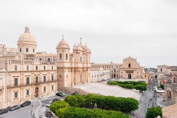 The baroque cathedral of Noto and the main street of the town
