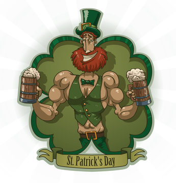 Vector label with the cartoon image of Saint Patrick with red hair, beard in green trousers, jacket, hat, with two mugs of beer in his hands on a green background. In the theme of St. Patrick's Day.