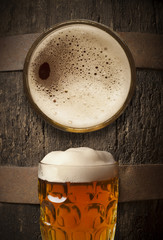 Still life: old wooden pin of beer