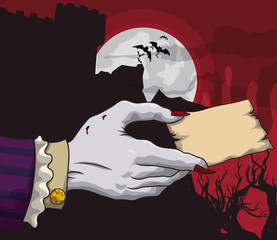 Vampire Hand in a Spooky Background Holding Card, Vector Illustration