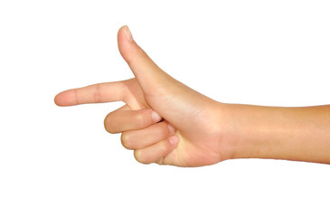 Female caucasian hand gesture of a single pointing finger isolated on white background